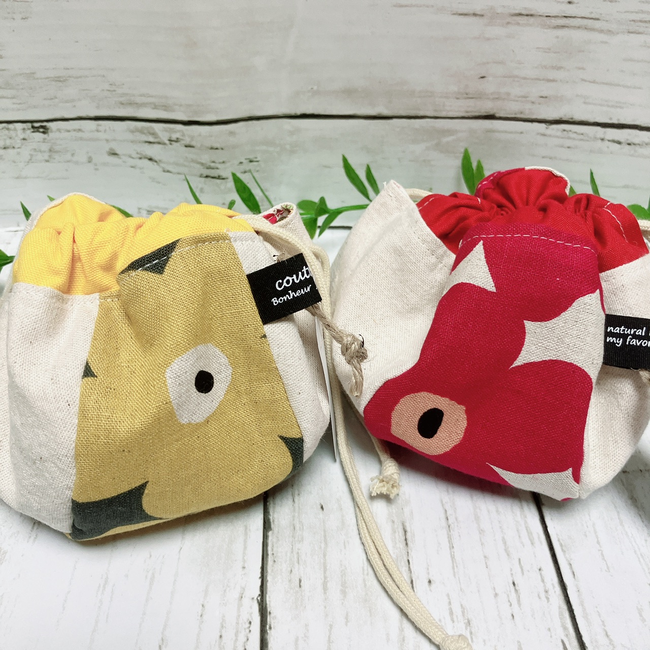 【オーダー品】ぼうる巾着（北欧風フラワー：レッド＆イエロー）